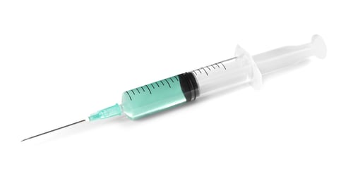 Preview: Plastic syringe with medicament on white background. Medical care