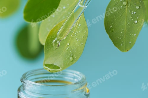 Preview: Macro shot of beautiful leaf and pipette, medicine drop falling into jar