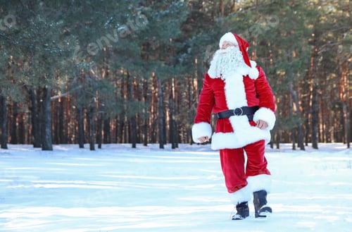 Preview: Happy Authentic Santa Claus walking outdoors. Space for text