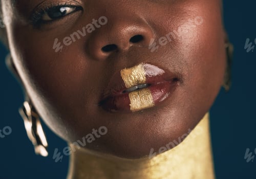 Preview: Portrait, beauty and black woman in gold for culture, heritage or tradition on a blue background in