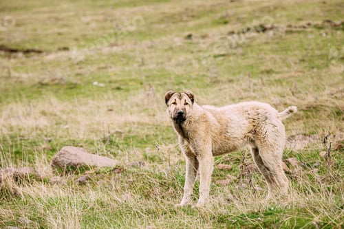 Preview: Central Asian Shepherd Dog Tending Sheep In Mountains Of Georgia. Alabai -An Ancient Breed From The