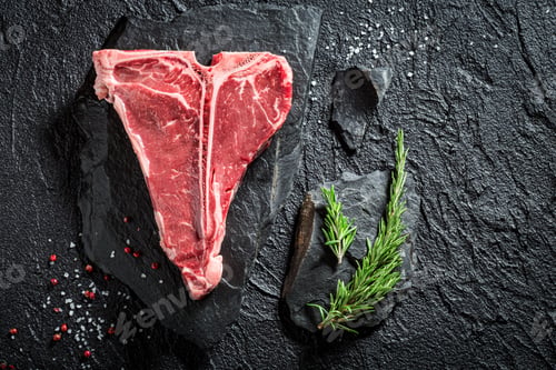 Preview: Raw red t-bone steak with salt and rosemary