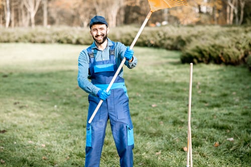 Preview: Portrait of a male sweeper with rakes outdoors