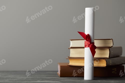 Preview: Diploma with red ribbon and books on textured surface isolated on grey