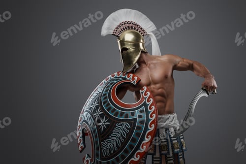 Preview: Greek swordsman from past with shield and plumed helmet