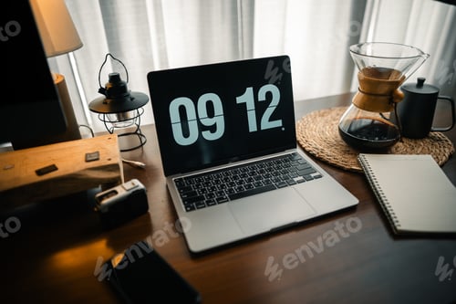 Preview: Home computer desk and digital clock on screen