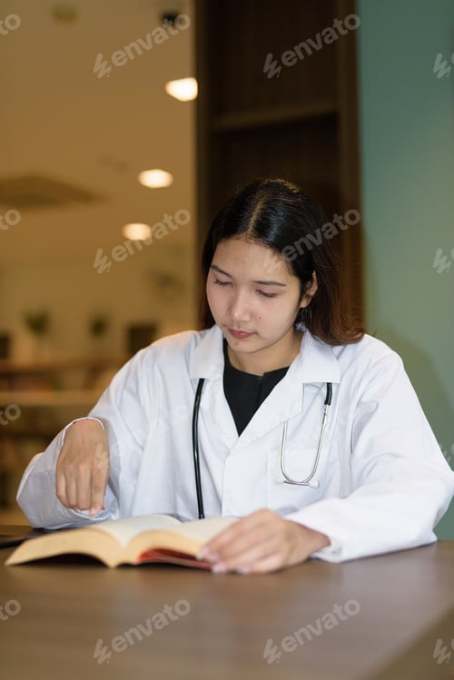 Preview: Young woman doctor reading book while sitting in hospital library