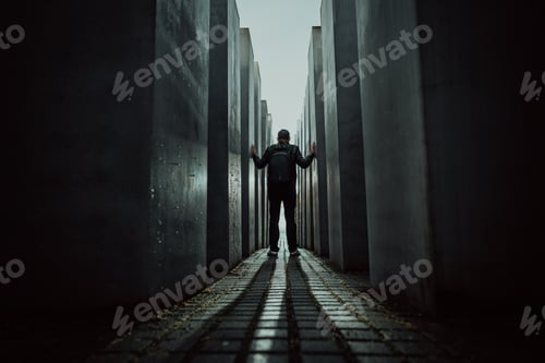 Preview: October 2021 - Berlin, Germany. Man stands in dark maze, Holocaust Jewish Memorial of Murdered Jews.