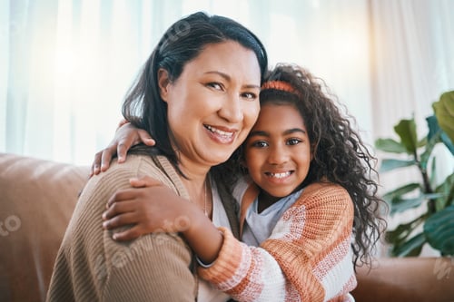 Preview: Love, mother and portrait of child hug happy with care in a home couch together bonding as family w