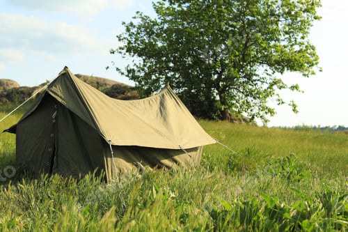Preview: Camping tent in green field on sunny day. Space for text