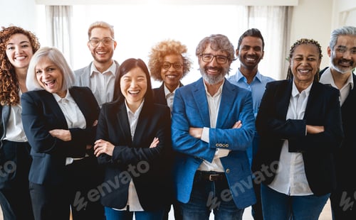 Preview: Multiracial business people looking at camera inside bank office - Focus on front faces