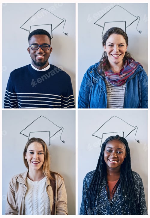 Preview: Composite shot of university students standing with a drawn graduation cap over their heads