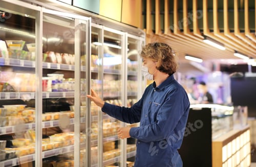 Preview: Supermarket Shopping, Face Mask And Gloves,Young Man Shopping In Supermarket, Reading Product