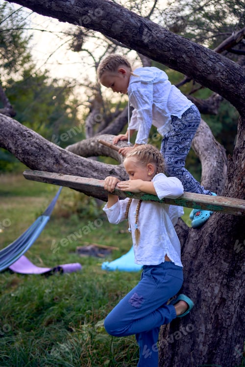 Preview: little sisters girls climb a tree, mother secures them below, camping with children