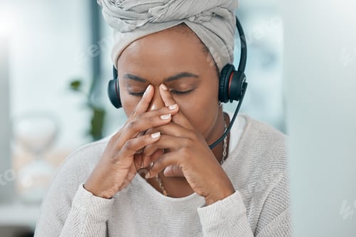 Preview: Black woman stress, call center consultant in office closeup while working at customer support hotl