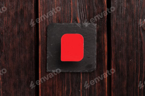Preview: Small plastic box container for sauce on wooden background top view mockup with copy space and place