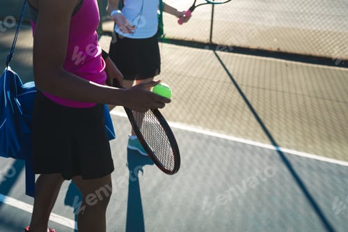 Preview: Biracial female tennis players standing at court on sunny day