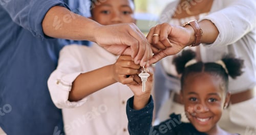 Preview: Family, children and hands for key in new house for real estate, property investment or mortgage lo