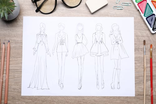 Preview: Sketch of stylish clothes and other fashion designer`s supplies on wooden table, flat lay