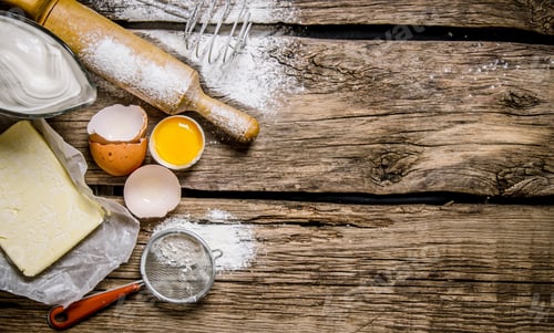 Preview: Preparation of the dough. Ingredients for the dough - egg, flour, butter with a rolling pin .