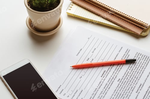 Preview: Workspace with forms, a plant, and stationery during a productive afternoon session