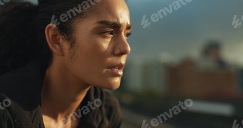 Preview: Woman, breathe and exhausted from exercise, run and fitness in outdoors, tired and fatigue. Female