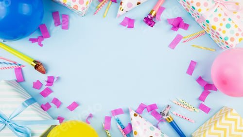 Preview: Birthday party attributes. Colorful balls, confetti, gifts, candles for cake. Blue background