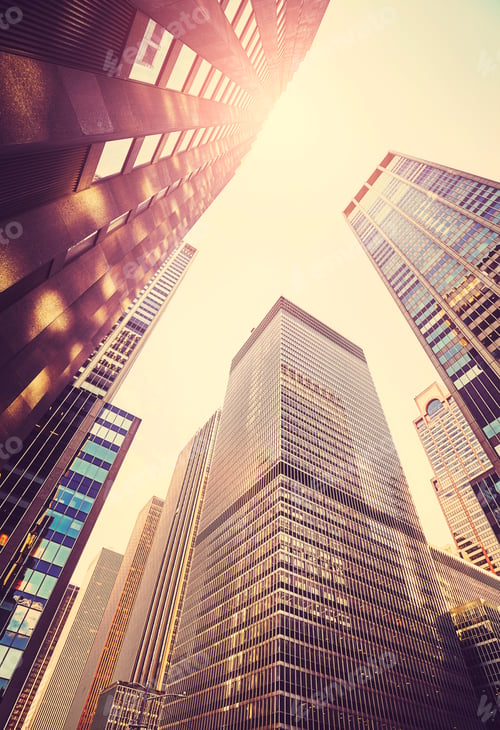 Preview: Looking up at Manhattan skyscrapers at sunset, NYC.