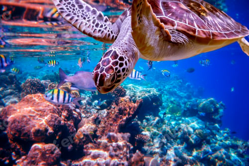 Preview: Sea turtle swims under water on the background of coral reefs