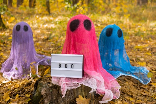 Preview: Trick or treat halloween colorful ghosts made of bandages in fall autumnal forest. Halloween