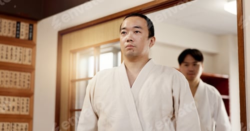 Preview: Martial arts students, bow or respect in dojo for aikido practice, discipline or self defense. Blac