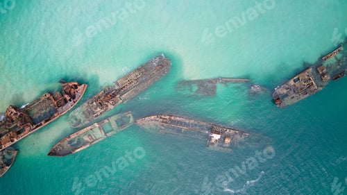 Preview: Aerial view of old ships on Tangalooma island, Queensland, Australia