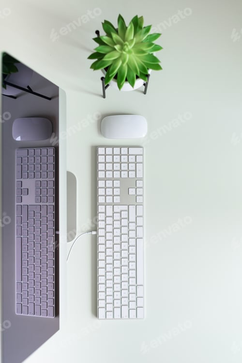 Preview: White office desk table with computer keyboard, mouse, monitor, succulent plant and other office