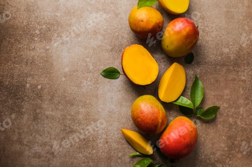Preview: Mango background design concept. Top view of fresh mango fruit pattern with leaves on table.