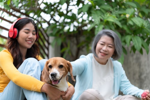 Preview: Family vacation, mother, daughter, and beagle puppy relaxing on weekends in the front yard.