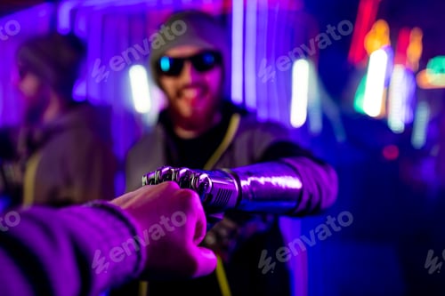 Preview: gamer futuristic cyber neurology concept colorful background innovation in prosthetic handshaking hi