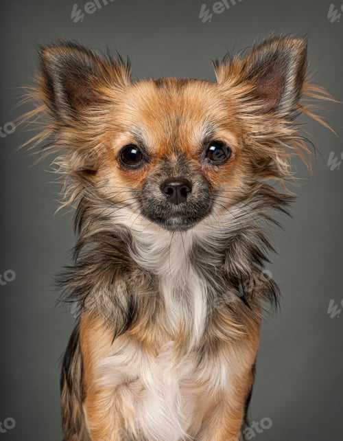 Preview: Long haired chihuahua puppy looking directly at camera