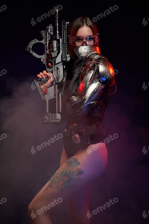 Preview: Sexy and slim female soldier in cyberpunk style in dark background