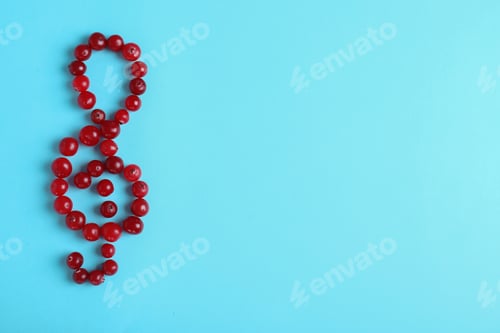 Preview: Treble clef made of cranberries on color background, top view with space for text. Musical notes