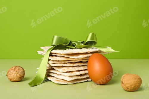 Preview: Matzo with ribbon, egg and nuts on green background, close up