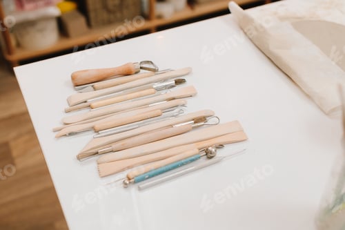 Preview: Molding tools for ceramics. Set of pottery crafting instruments in workshop