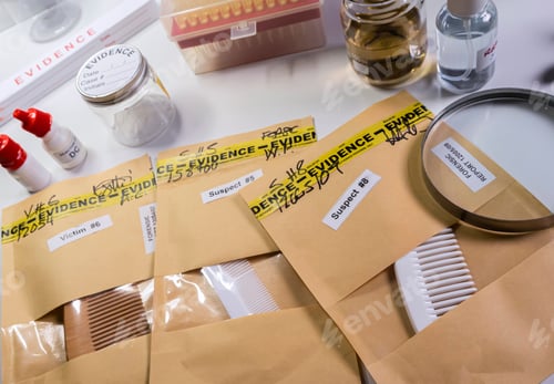 Preview: evidence bags with combs from a murder case, concept image