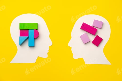 Preview: Papercut head silhouette with toy constructor pieces on yellow background
