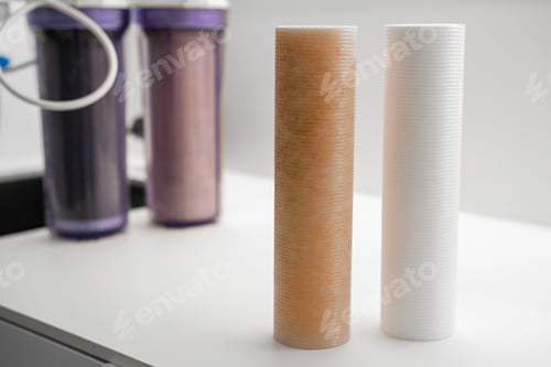 Preview: Two used and new water filters. Replacement of dirty filters for water filtration by reverse osmosis