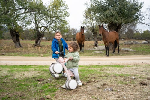 Preview: Happy children playing outdoors with bikes near rewilding horses