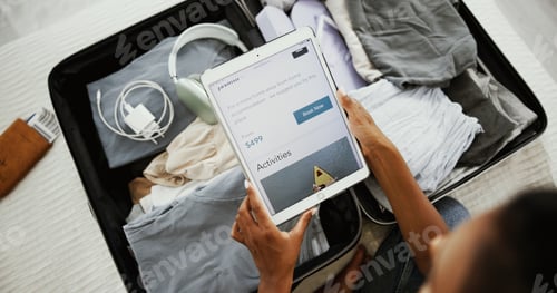 Preview: Woman, hands or tablet screen with suitcase for vacation, holiday or browsing website above at home