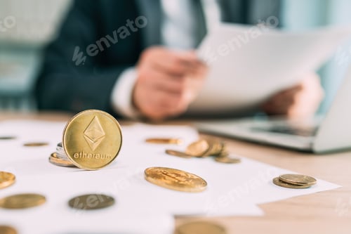 Preview: Ethereum cryptocurrency trader concept, closeup of coins and businessman working in background