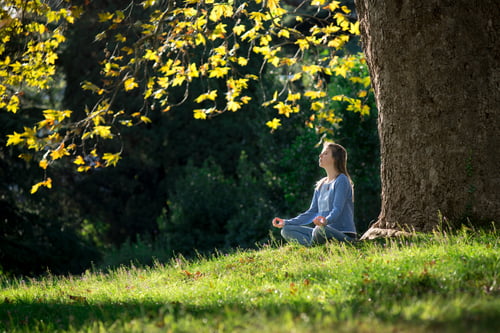 Girl meditates sitting on the grass under a maple tree in autumn