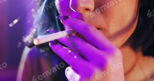 Preview: Smoking, party and hands of woman with cigarette for nicotine, tobacco and addiction in nightclub.