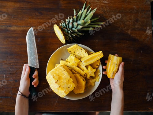 Preview: Person preparing fresh pineapple with a knife on a rustic wooden table at home